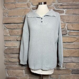 Haven Well Within Women's Large Light Blue Knit Pullover Sweater Button Collar
